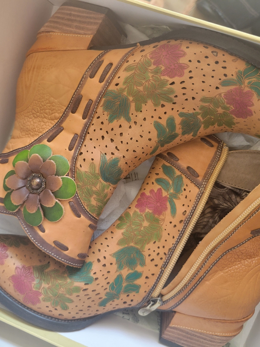 Women's Floral Embossed Tan Leather Heeled Boots - Green Pink Accents